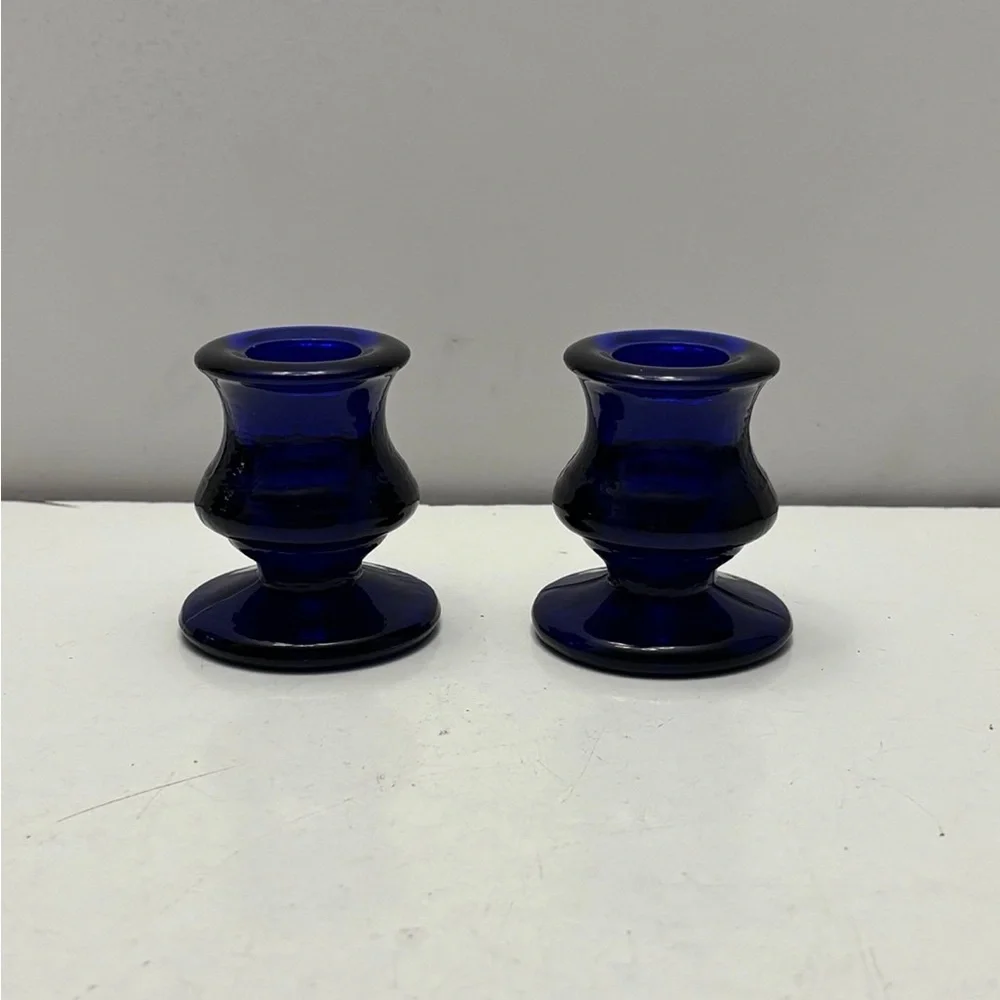 Pair of Small Vintage Footed Cobalt Blue Glass Taper Candlestick Holders